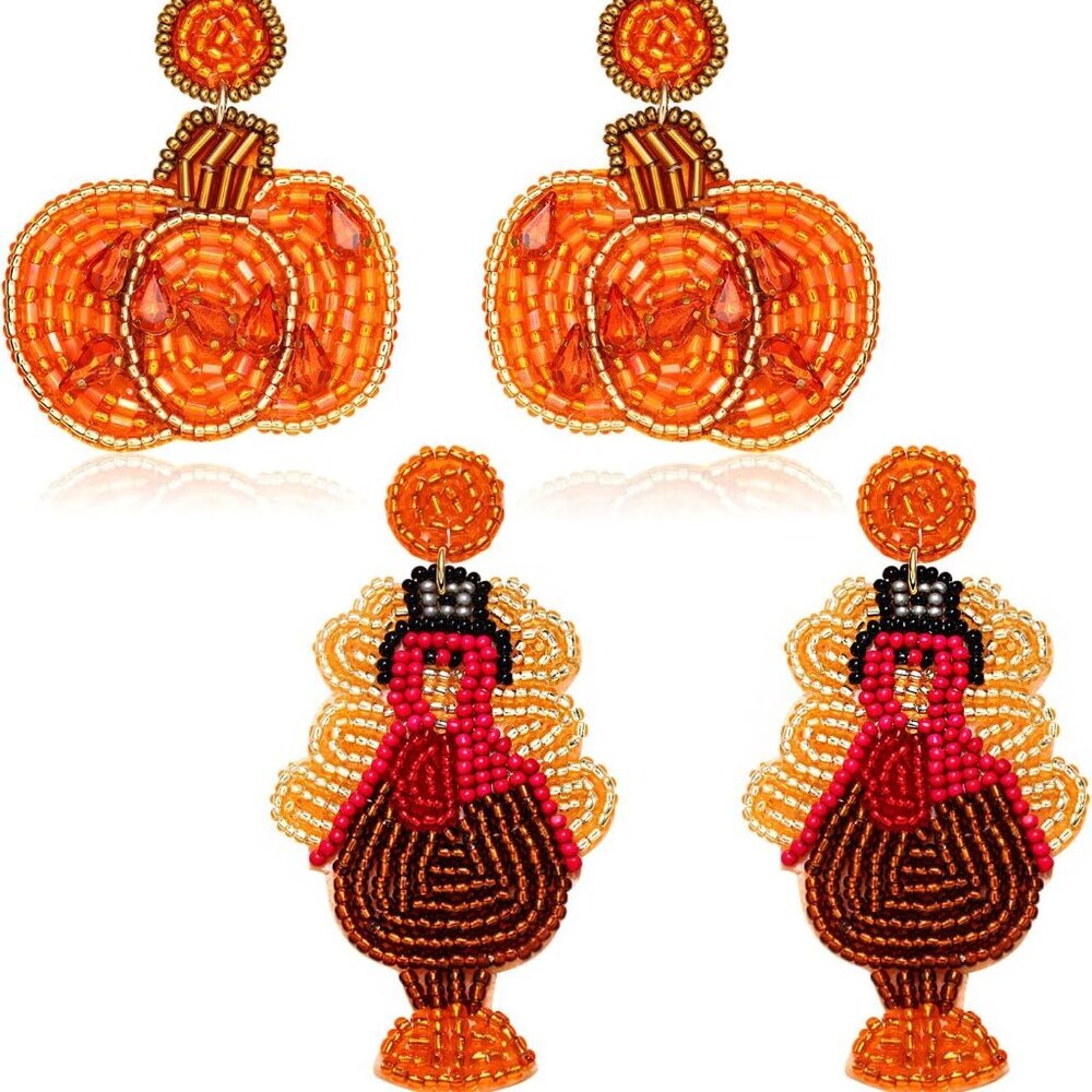 Thanksgiving Fall Earrings for Women Beaded Maple Leaf Pumpkin Turkey Earrings H